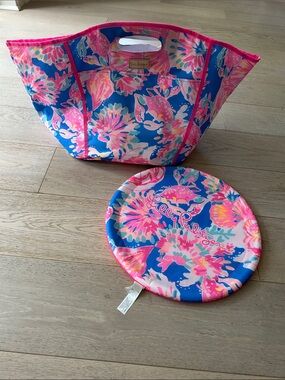 Lilly Pulitzer Blue, Pink & Coral Floral Tote with Matching Frisbee
